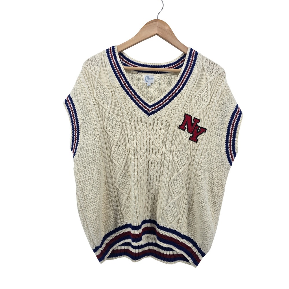 Blue Rain Sweater Vest Womens S ST21930 Cream NY Patch Cable Knit EUC